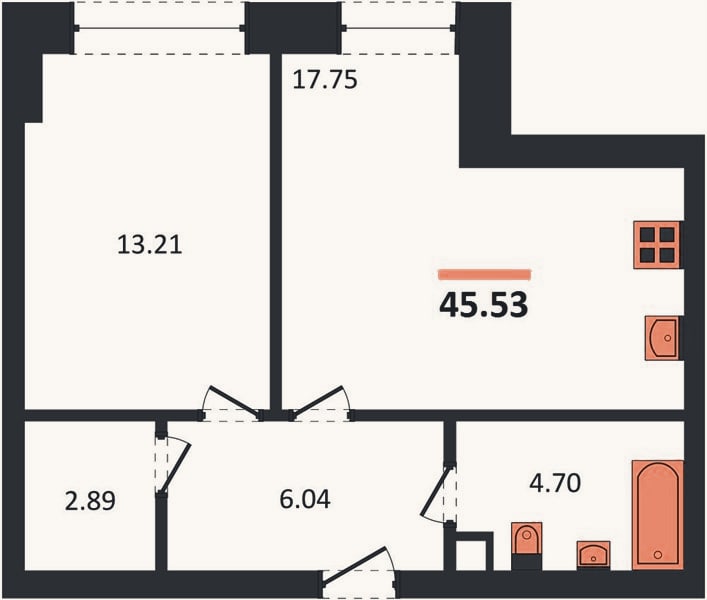 Планировка: 1-к, 45,5 м²