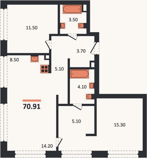 Планировка: 2-к, 70,9 м²