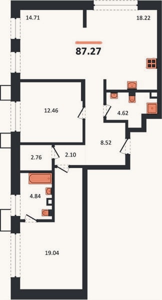 Планировка: 2-к, 87,3 м²