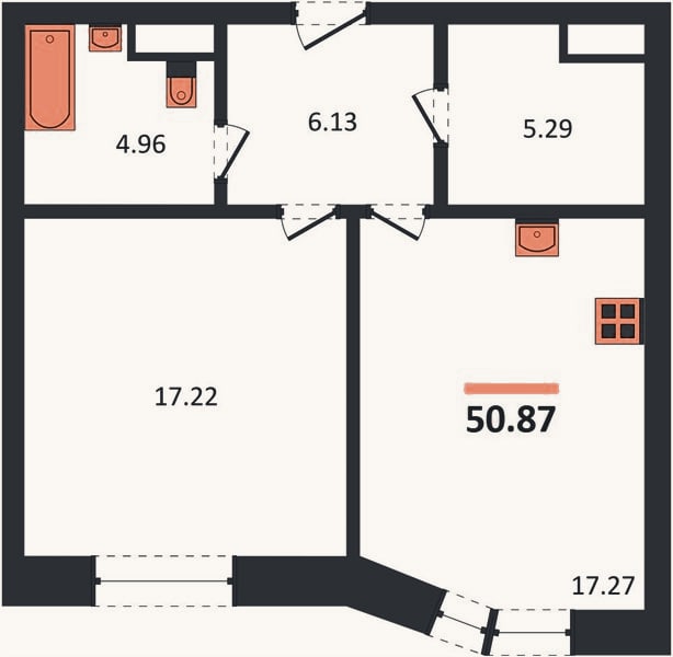 Планировка: 1-к, 50,9 м²