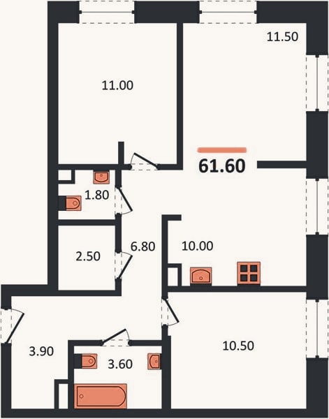 Планировка: 3-к, 61,6 м²