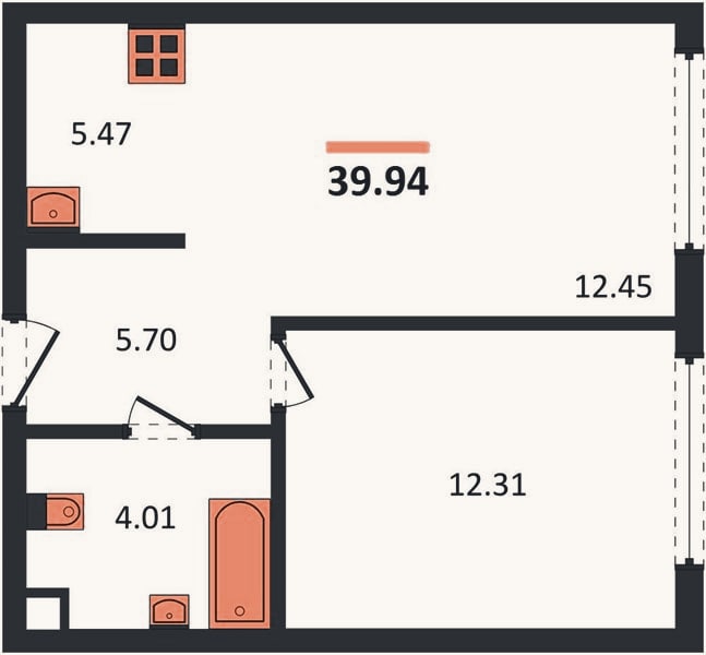 Планировка: 1-к, 39,9 м²