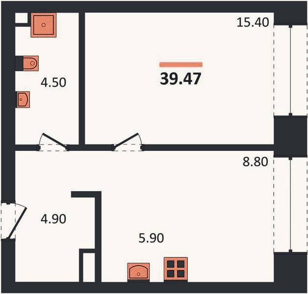 Планировка: 1-к, 38,4 м²