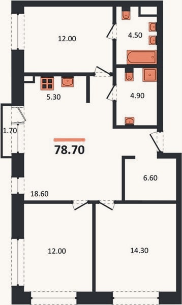 Планировка: 3-к, 78,7 м²