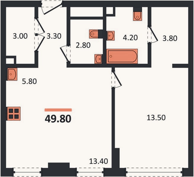 Планировка: 1-к, 49,8 м²
