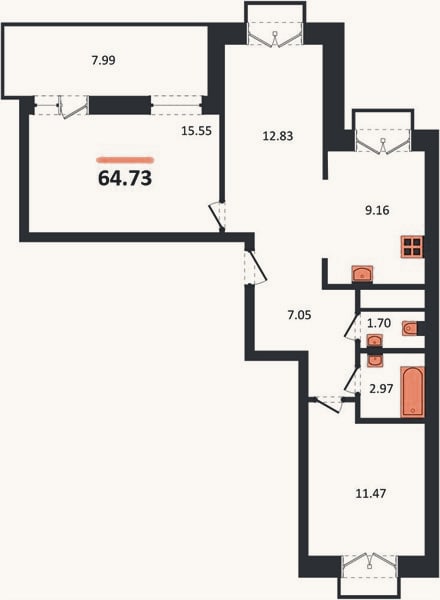 Планировка: 2-к, 64,7 м²