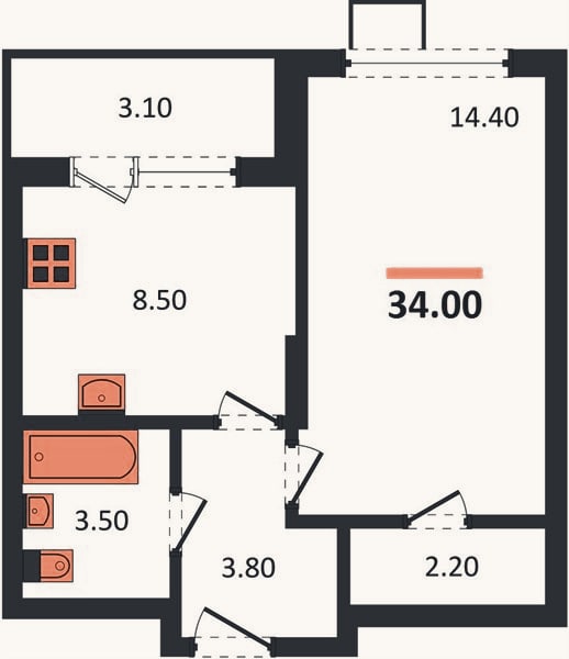 Планировка: 1-к, 34 м²