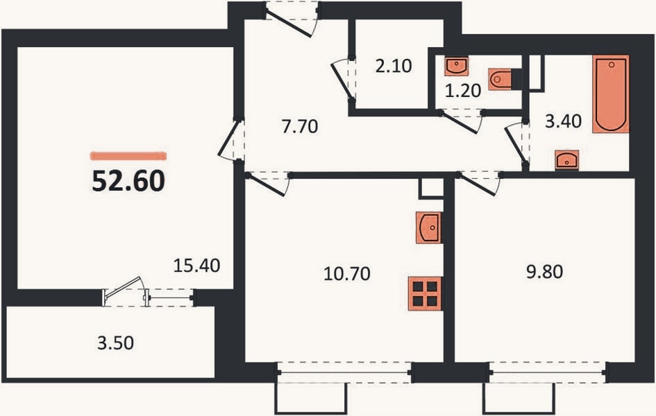 Планировка: 2-к, 52,6 м²