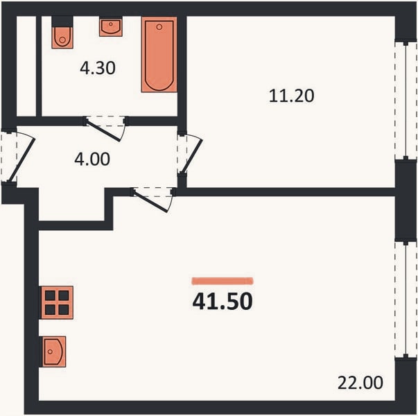 Планировка: 1-к, 41,5 м²