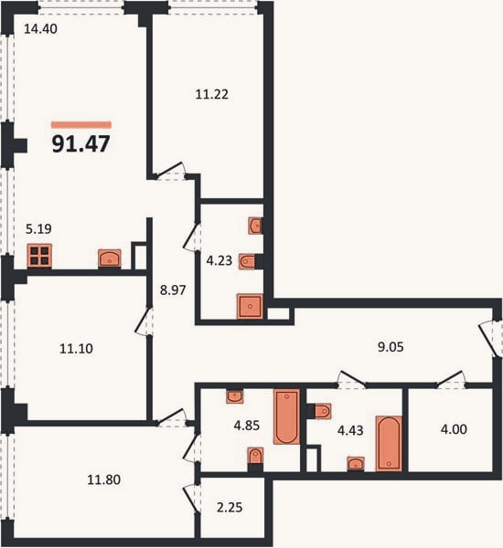 Планировка: 3-к, 91,5 м²