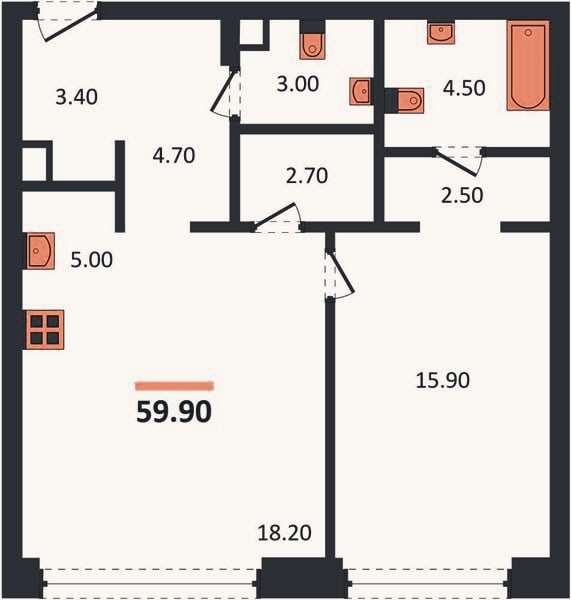 Планировка: 1-к, 59,9 м²