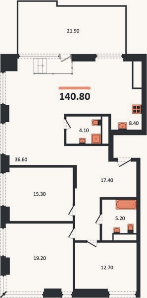 Планировка: 3-к, 140,8 м²