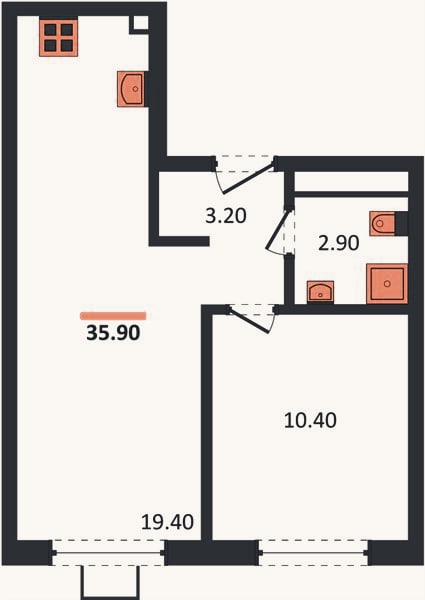 Планировка: 1-к, 35,9 м²