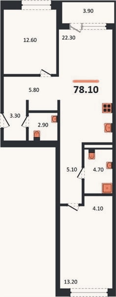 Планировка: 2-к, 78,1 м²