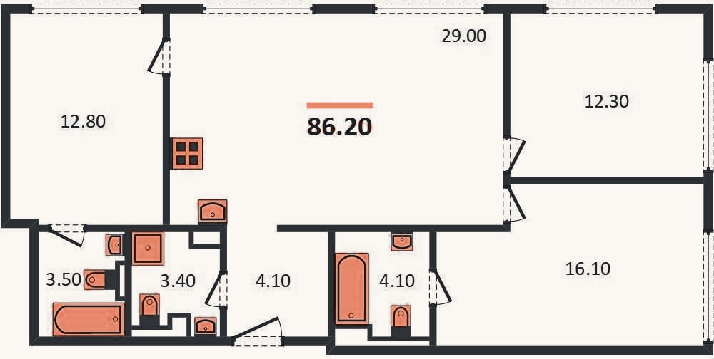 Планировка: 3-к, 86,2 м²