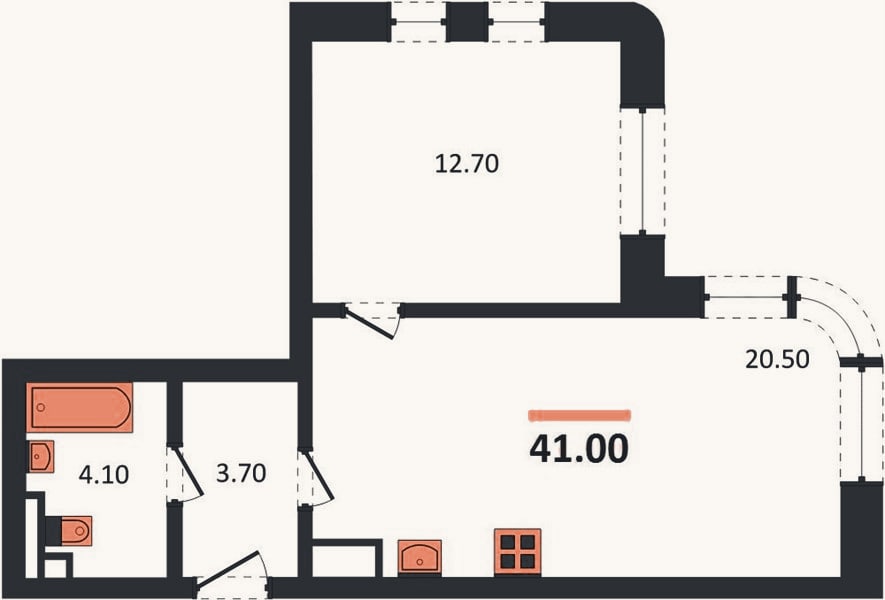 Планировка: 1-к, 41 м²