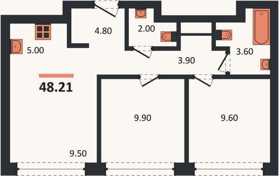 Планировка: 2-к, 48,2 м²