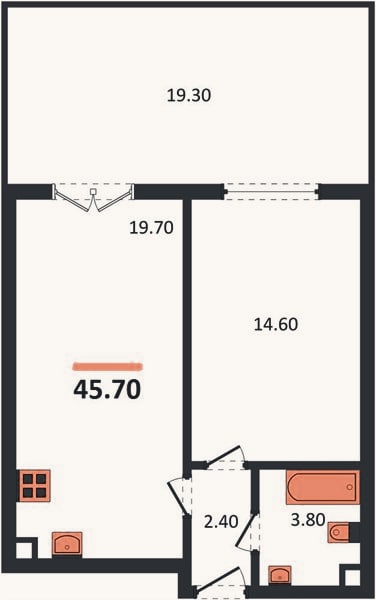 Планировка: 1-к, 45,7 м²