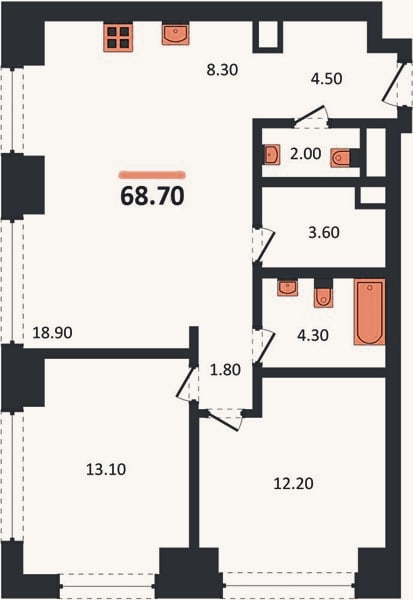 Планировка: 2-к, 68,7 м²