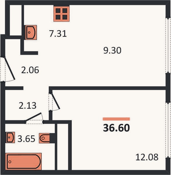 Планировка: 1-к, 36,4 м²
