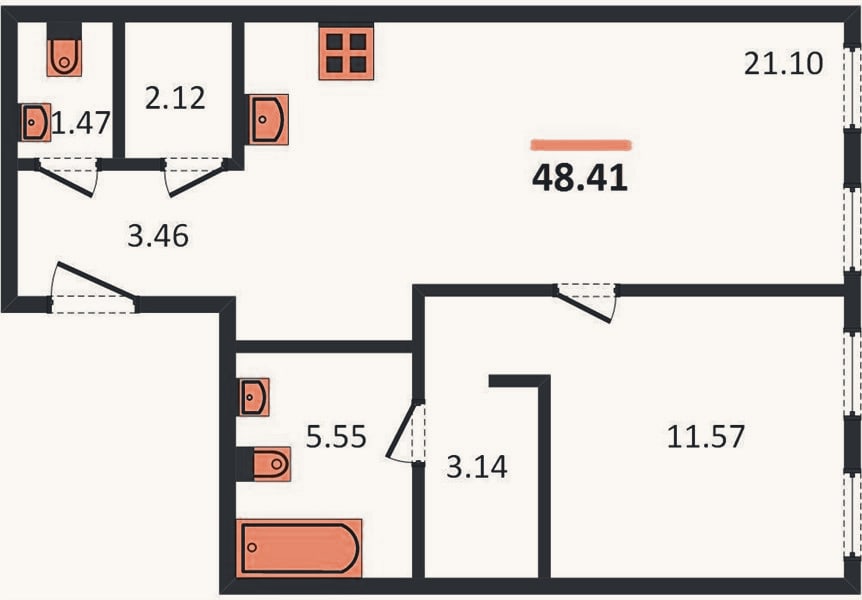 Планировка: 1-к, 48,4 м²