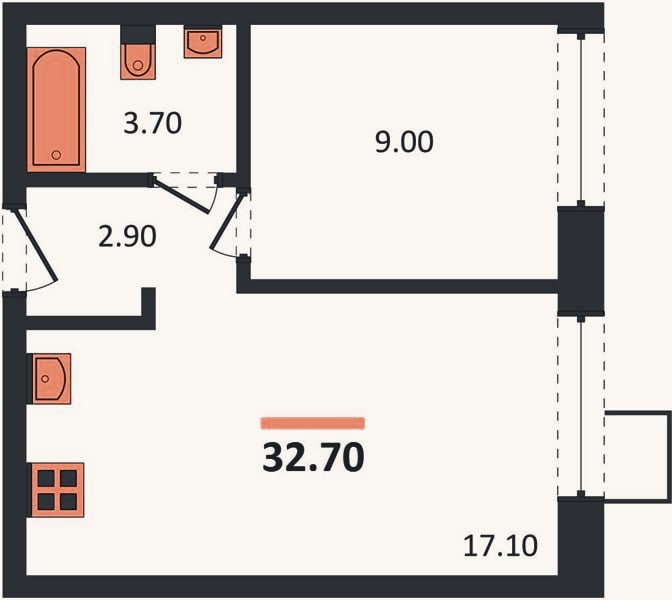 Планировка: 1-к, 32,7 м²