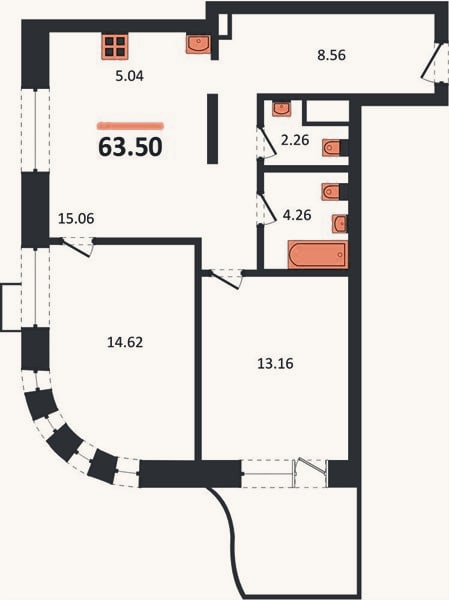 Планировка: 2-к, 63,5 м²
