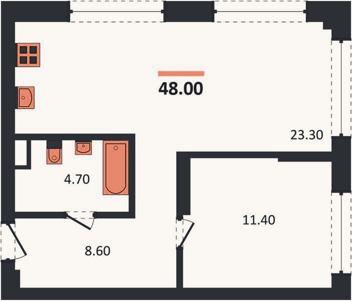 Планировка: 1-к, 48 м²