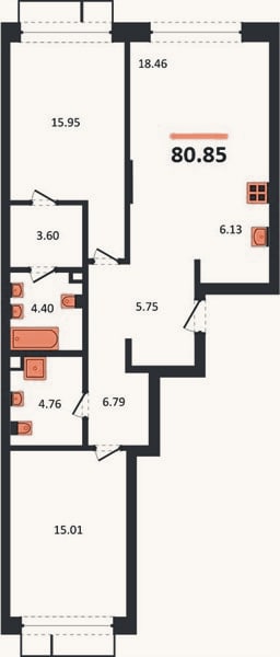 Планировка: 2-к, 80,9 м²