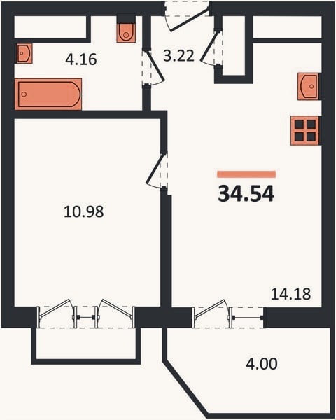 Планировка: 1-к, 34,5 м²