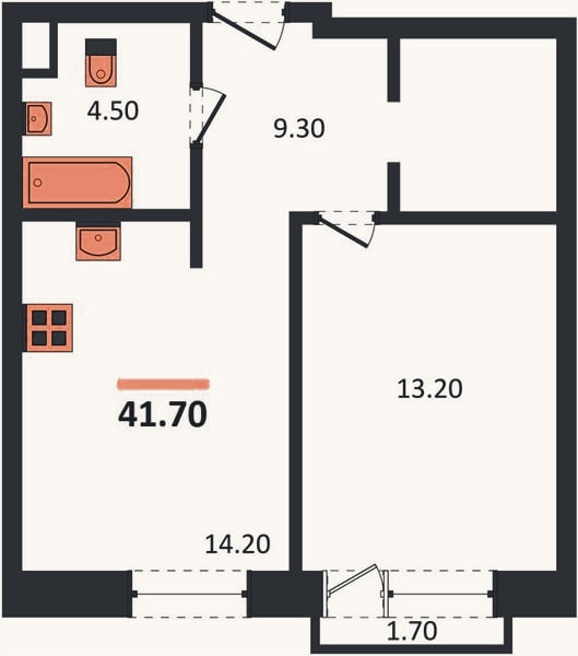 Планировка: 1-к, 41,7 м²