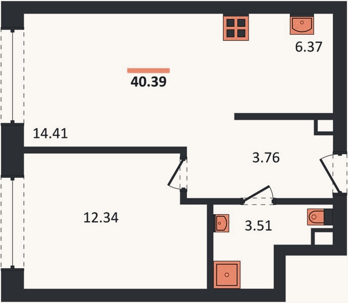 Планировка: 1-к, 40,4 м²