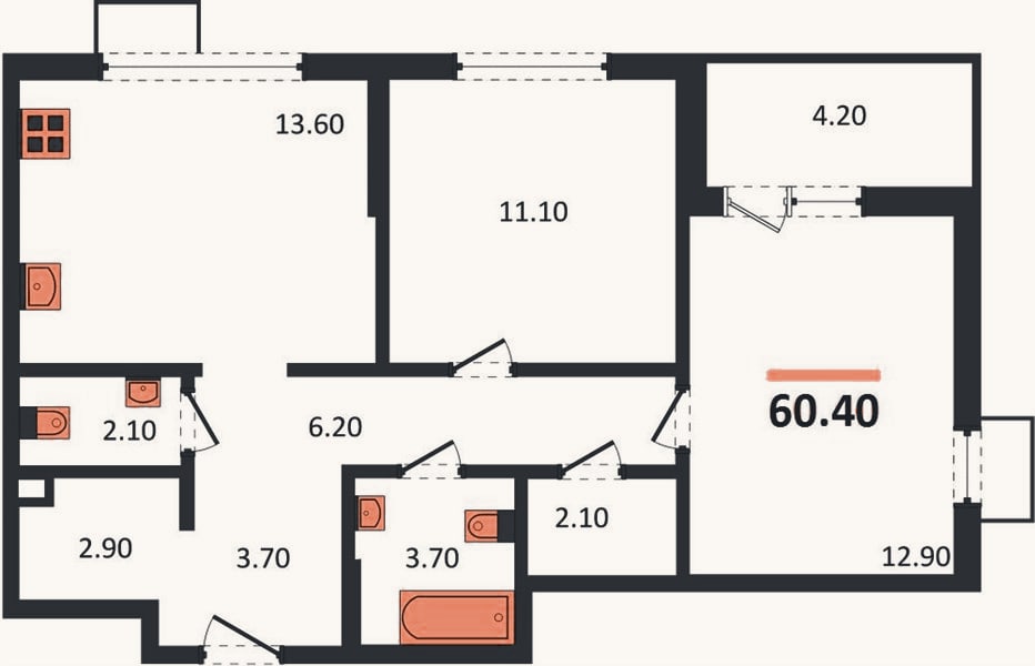Планировка: 2-к, 60,4 м²
