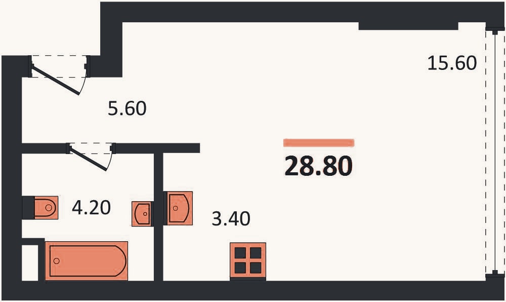 Планировка: Студия, 28,8 м²