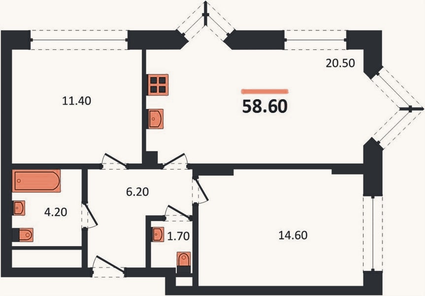 Планировка: 2-к, 58,6 м²