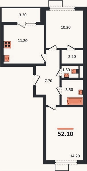 Планировка: 2-к, 52,1 м²