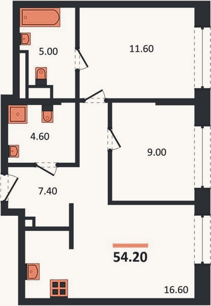 Планировка: 2-к, 54,2 м²