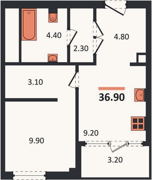 Планировка: 1-к, 36,9 м²