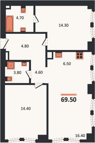Планировка: 2-к, 69,5 м²