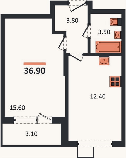 Планировка: 1-к, 36,9 м²