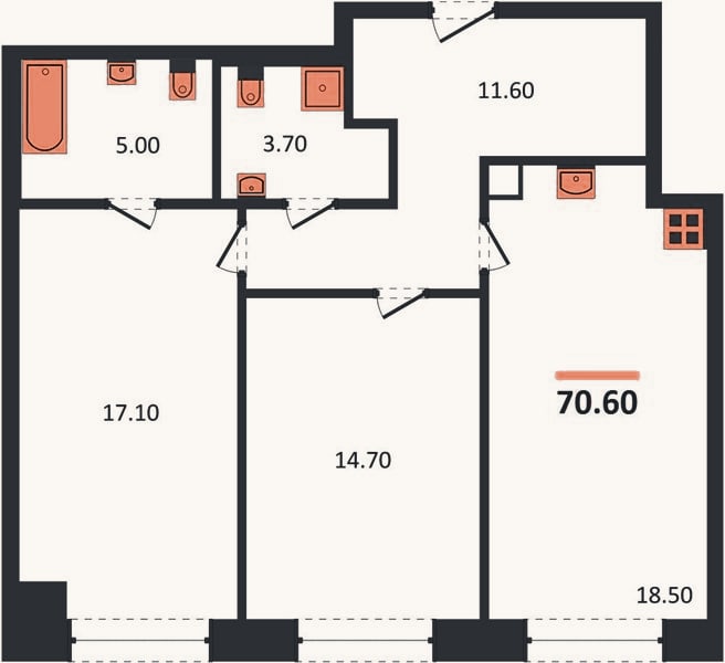 Планировка: 2-к, 70,6 м²