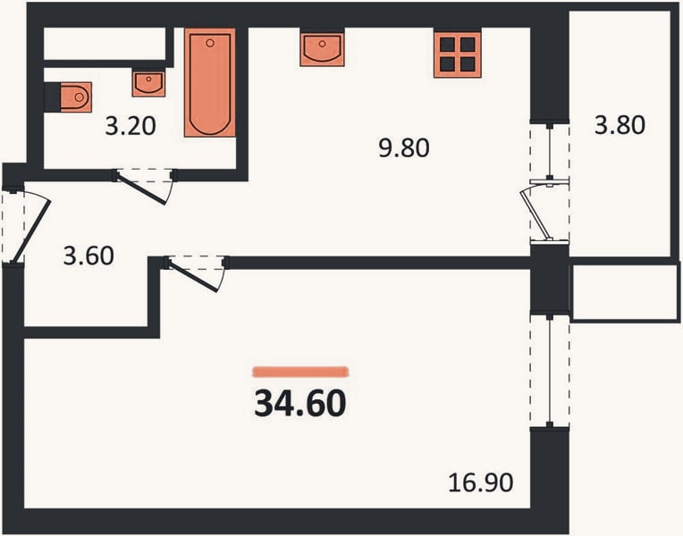Планировка: 1-к, 34,6 м²