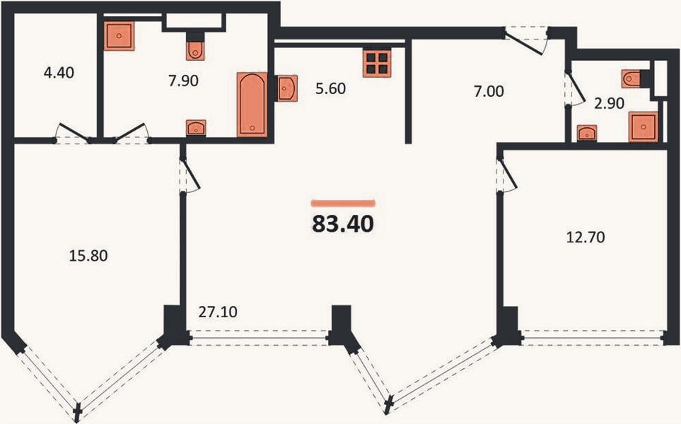 Планировка: 2-к, 83,4 м²