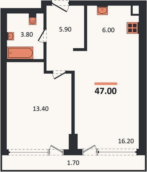 Планировка: 1-к, 47 м²