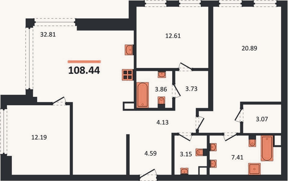 Планировка: 3-к, 108,4 м²
