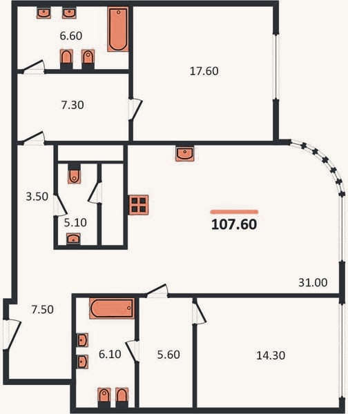 Планировка: 2-к, 107,6 м²