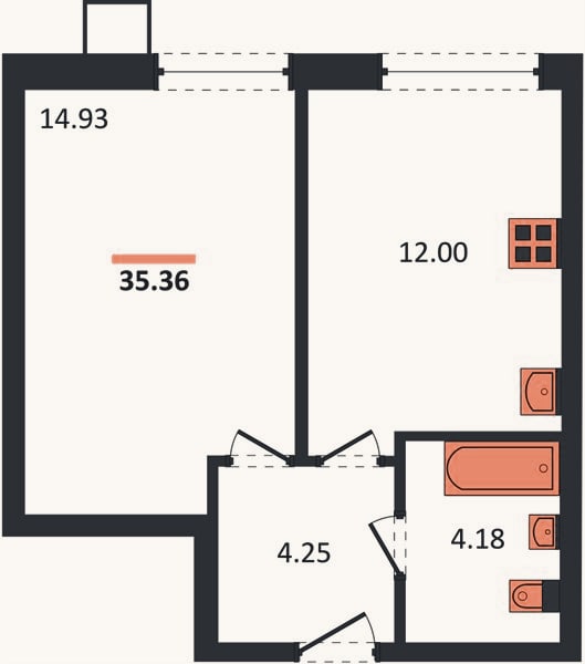 Планировка: 1-к, 35,4 м²