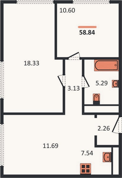 Планировка: 2-к, 59,8 м²
