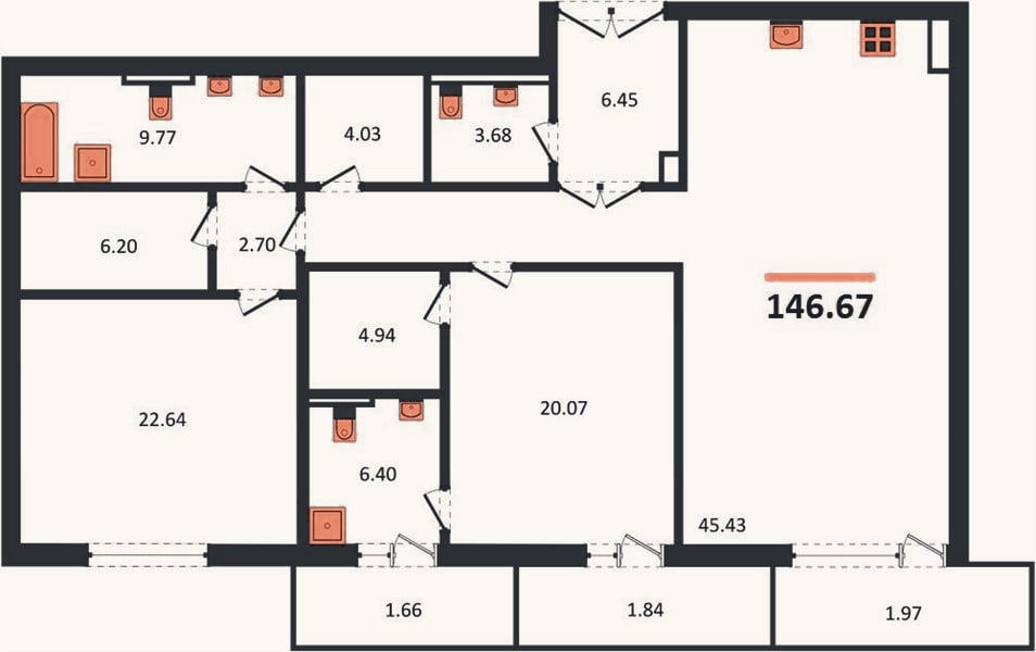 Планировка: 2-к, 146,7 м²