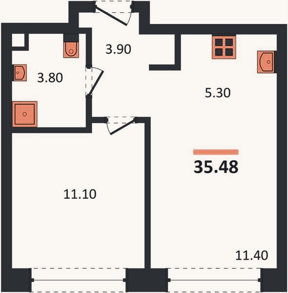 Планировка: 1-к, 35,5 м²
